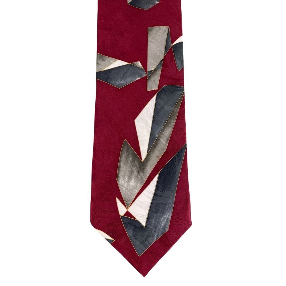 Chez Roffe Mens Tie Burgundy Red Silk Geometric Abstract Wide Professional 57x4
